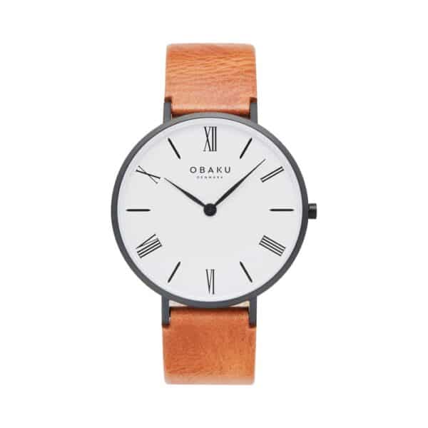 A quartz watch with a round case with white dial and light brown leather strap.