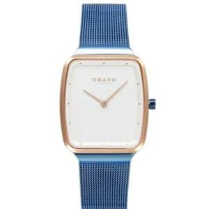 A quartz watch with an ice blue mesh bracelet, rose gold-tone rectangular case, and white dial