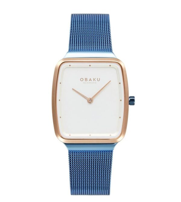 A quartz watch with an ice blue mesh bracelet, rose gold-tone rectangular case, and white dial