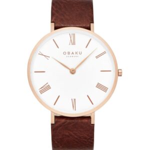 A quartz analog watch featuring a white dial, rose gold-tone case, and mahogany brown leather strap.