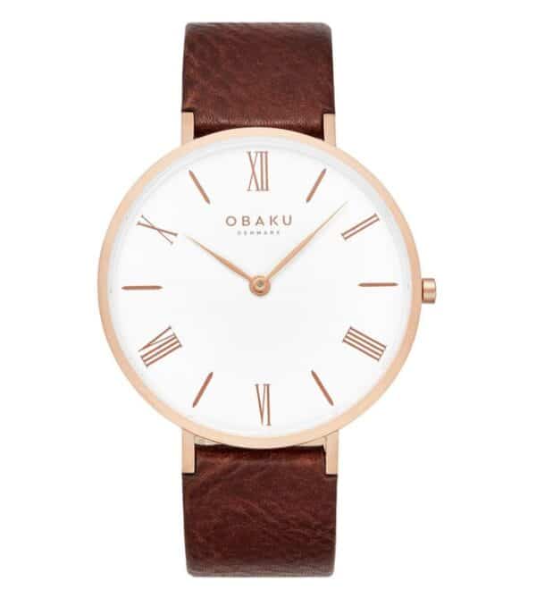 A quartz analog watch featuring a white dial, rose gold-tone case, and mahogany brown leather strap.