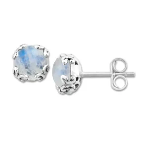 One pair of sterling silver stud earrings containing 2 round-shaped checkerboard-faceted rainbow moonstones measuring 7mm each in ornate prong settings. Secured with friction posts and backs.