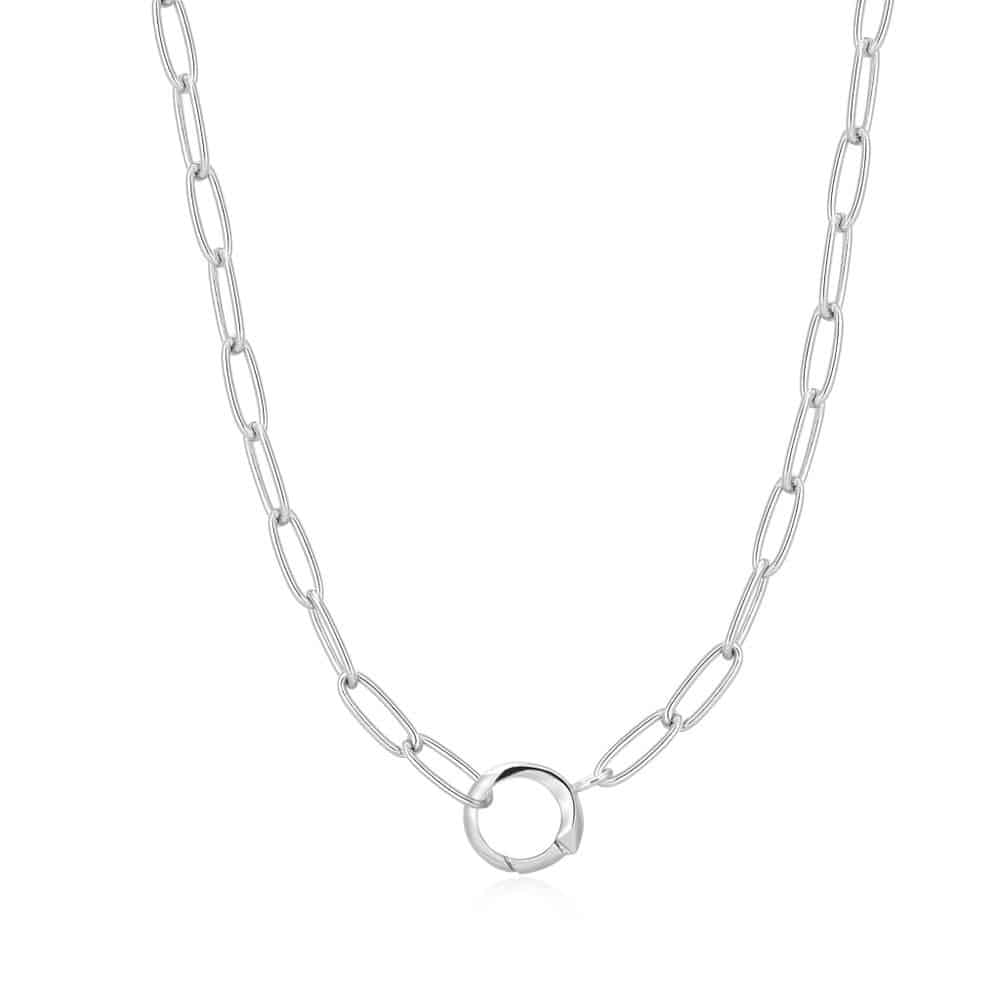 Paperclip Chain Charm Connector Necklace in sterling silver with rhodium plating