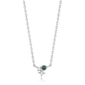 A sterling silver necklace featuring a malachite, cubic zirconia, and pearl