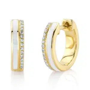 One pair of 14 karat yellow gold huggie hoop earrings with strip of white enamel and a total of 30 round single-cut diamonds weighing 0.08 carat total weight.