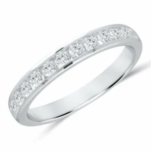 A white gold wedding-style band featuring 11 round brilliant diamonds in a channel setting