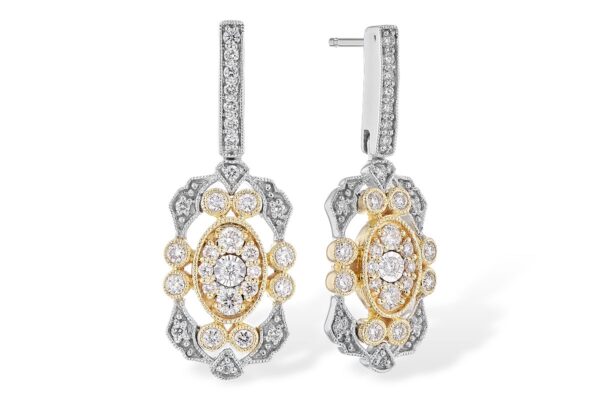 A pair of 14 karat gold art deco-inspired drop earrings made primarily from white gold with yellow gold accents and set with 0.37 carats of round diamonds and milgrain accents