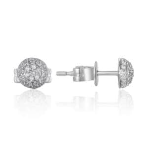 One pair of 14 karat white gold stud earrings each set with a cluster of 43 round-faceted diamonds