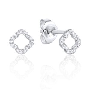 One pair of 14 karat white open clover stud earrings set with round diamonds
