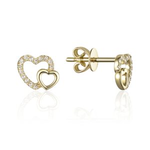 One pair of 14 karat yellow gold diamond heart stud earrings with each earring having 2 open-shaped hearts with diamonds set in the larger heart and the smaller heart having a polished finish