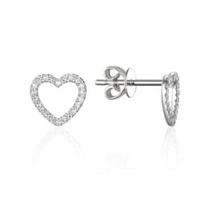 One pair of 14 karat white gold open-style heart stud earrings pave-set with round diamonds