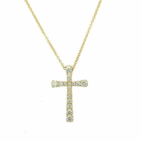 A yellow gold cross necklace set with round diamonds weighing 0.19ctw