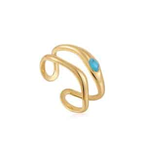 A yellow gold-plated double band with a wave-style design and a single synthetic turquoise