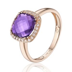 14 karat rose gold gemstone fashion ring with a center cushion shaped checkerboard faceted amethyst weighing 2.48 carats surrounded by a halo of 28 round brilliant diamonds weighing 0.11 carat total weight