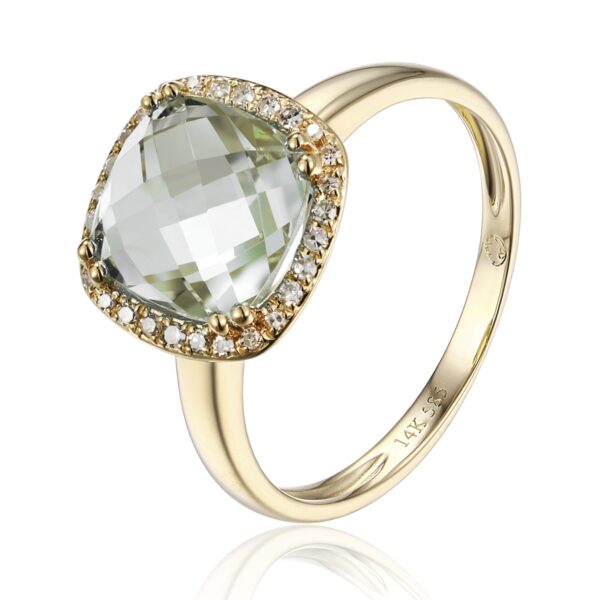 14 karat rose gold gemstone fashion ring with a center cushion shaped checkerboard faceted prasiolite weighing 2.48 carats surrounded by a halo of 28 round brilliant diamonds weighing 0.10 carat total weight