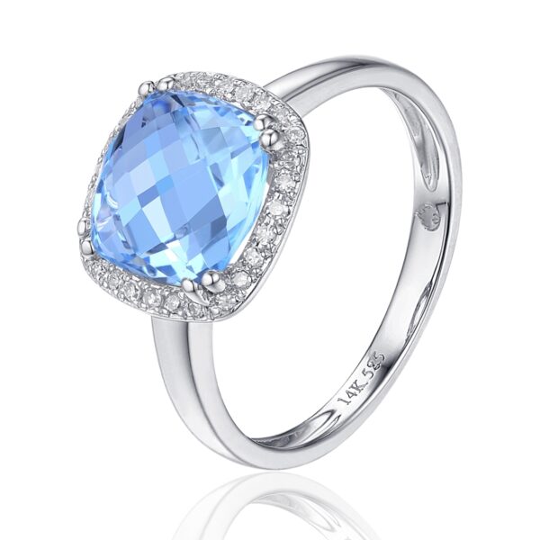 One 14 karat white gold ring by Luvente with a cushion-shaped checkerboard-faceted blue topaz weighing 3.58 carats surrounded by a halo of 28 round brilliant diamonds weighing 0.10 carat total weight