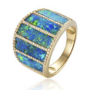 A wide yellow gold ring features vertically-oriented rectangle inlays of opal accented by diamonds