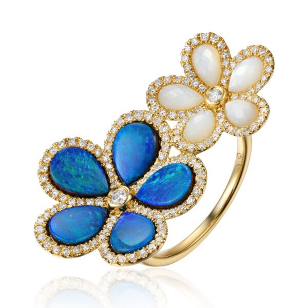 A yellow gold flower motif cocktail ring with opal and mother-of-pearl petals accented by diamonds