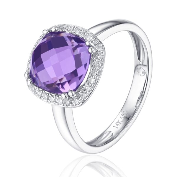 A 14 karat white gold fashion ring by Luvente with a cushion-shaped checkerboard-faceted amethyst weighing 2.58 carats surrounded by a halo of diamonds
