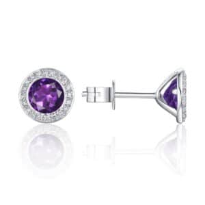 One pair of 14 karat white gold martini-style stud earrings with round-faceted amethysts surrounded by round diamond halos