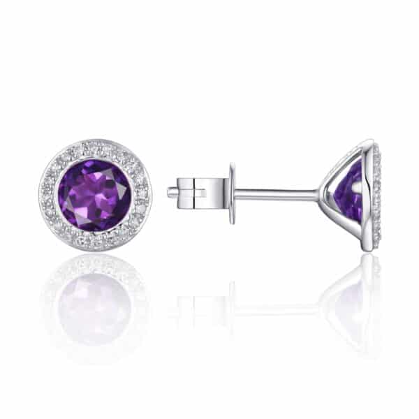 A pair of white gold martini stud earrings featuring round-faceted amethysts surrounded by round halos of round-faceted diamonds