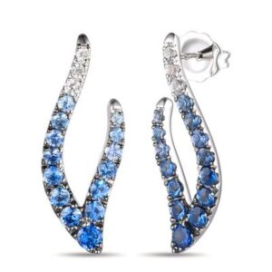 One pair of white gold teardrop-shaped earrings set with ombre sapphires in blues and white