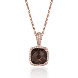 A rose gold pendant and chain featuring a cushion-shaped faceted smoky topaz and round-faceted diamonds set in the halo and in the bail