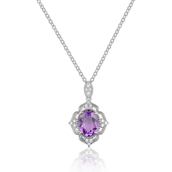 A white gold necklace featuring an oval-shaped faceted amethyst and accent diamonds in a Moroccan-inspired setting