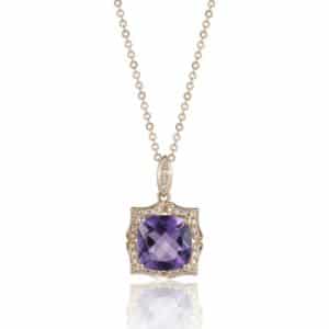 One 14 karat rose gold cushion-shaped amethyst and vintage-inspired pointed diamond halo pendant necklace