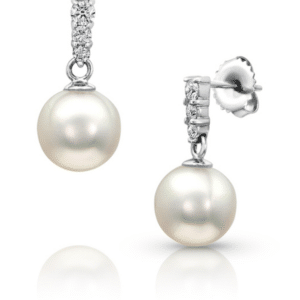 One pair of white gold drop earrings with Akoya pearls accented by round diamonds