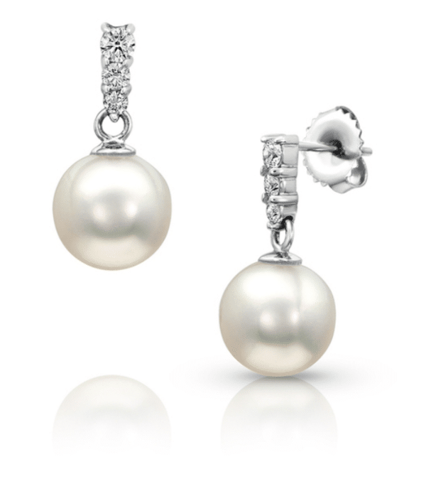 One pair of white gold drop earrings with Akoya pearls accented by round diamonds