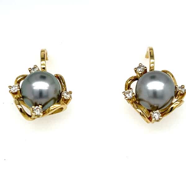 Estate Tahitian Pearl and Diamond Earrings in 14 karat yellow gold