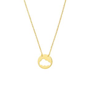 A yellow gold necklace with a round disc pendant with a cut-out image of a cloud