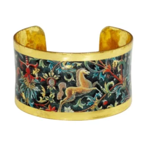 Helga Corset Cuff Bracelet by Evocateur crafted using Evocateur’s proprietary process to combine 22 karat gold leaf with original artwork and enamel to create pieces made to enchant and inspire. Handcrafted in the USA. the bracelet design was inspired by fabric from the German Renaissance
