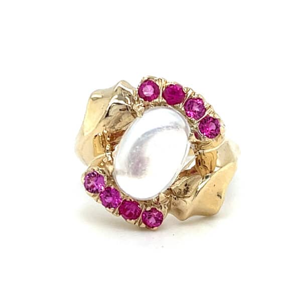 Estate Moonstone and Synthetic Pink Sapphire Retro Ring in 10 karat yellow gold