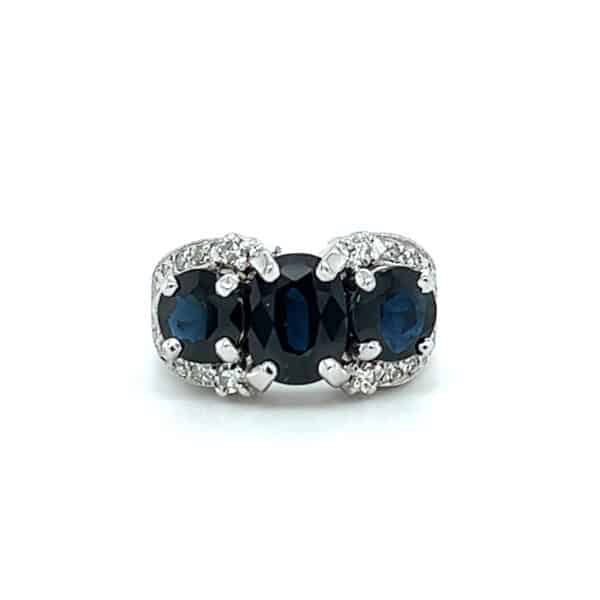 Estate Three-Stone Blue Sapphire and Diamond Ring