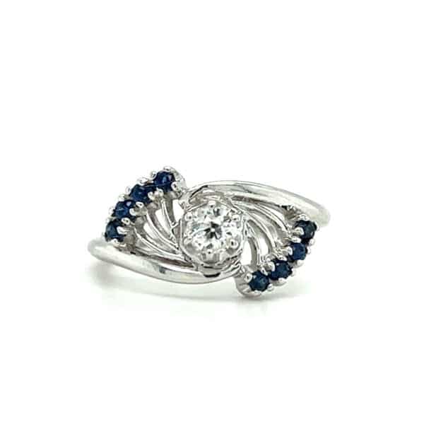 Estate Old Mine-Cut Diamond and Blue Sapphire Bypass Ring