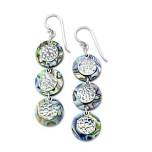 A pair of sterling silver Fadhalan drop earrings by Samuel B featuring abalone and silver discs