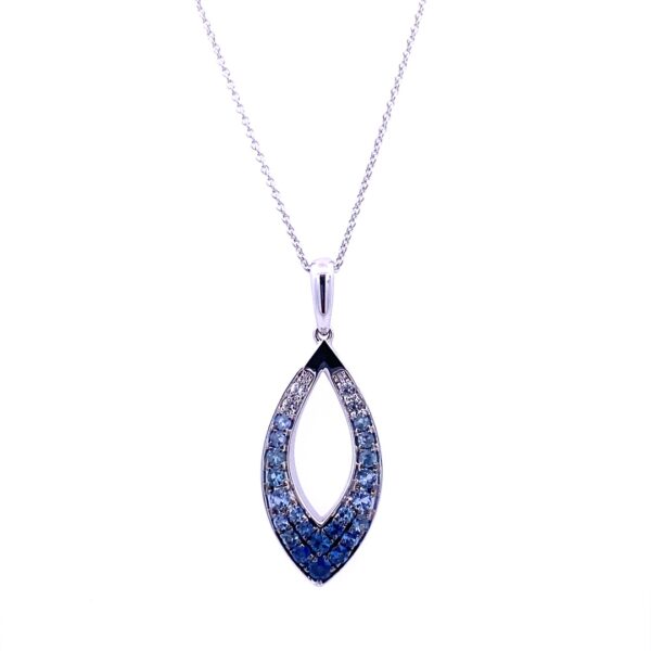 A white gold open-style teardrop pendant necklace by Le Vian featuring ombre sapphires in shades of blue
