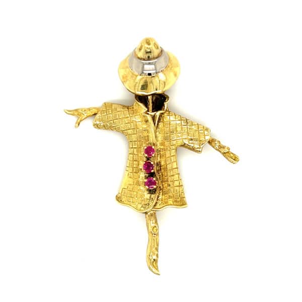 Estate 1950s Ruby Scarecrow Brooch in 18 karat yellow gold