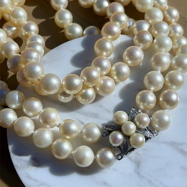 Estate Gold Pearl Double-Strand Necklace with Diamond Clasp