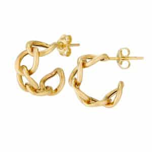 A pair of 14 karat yellow gold mini hoop earrings with a curb chain pattern