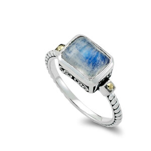 One sterling silver Eirini ring with solid 18 karat yellow gold accents and an emerald-shaped Rainbow Moonstone