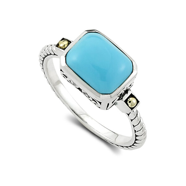 One sterling silver Eirini ring with solid 18 karat yellow gold accents and an emerald-shaped Sleeping beauty turquoise
