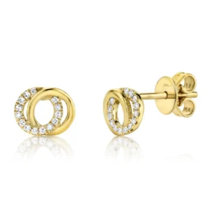 One pair of 14 karat yellow gold stud earrings by Shy Creation with two interlocking open circles, one set with diamonds and one with a polished finish