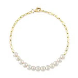 Pearl and Paperclip Link Bracelet in 14 Karat Yellow Gold
