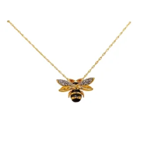 Diamond Bee Necklace in sterling silver with diamond accents on the wings and black rhodium and yellow gold plating.