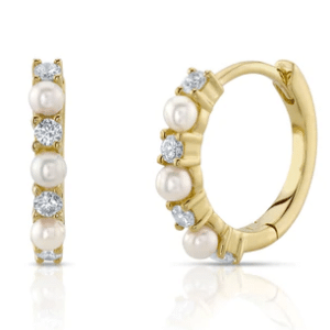 Yellow gold Pearl and Diamond Huggie Hoop Earrings by Shy Creation