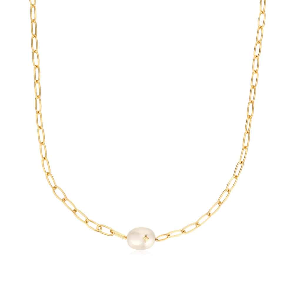 Chunky Chain Sparkle Pearl Necklace in yellow gold plating by Ania Haie
