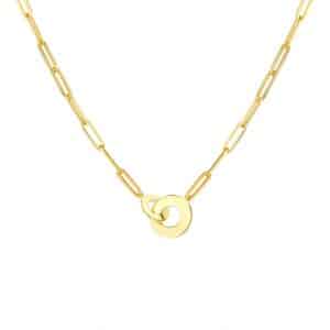 A 14 karat yellow gold paperclip chain necklace featuring a pendant made of 2 polished linking discs